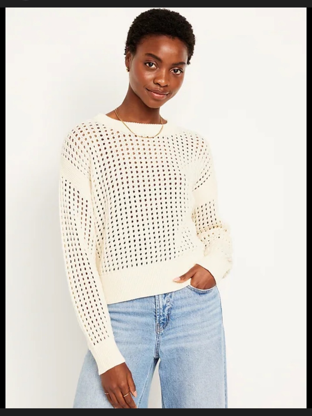 Cream Open-stitch knit Crewneck Old Navy Large Tall Sweater - Women